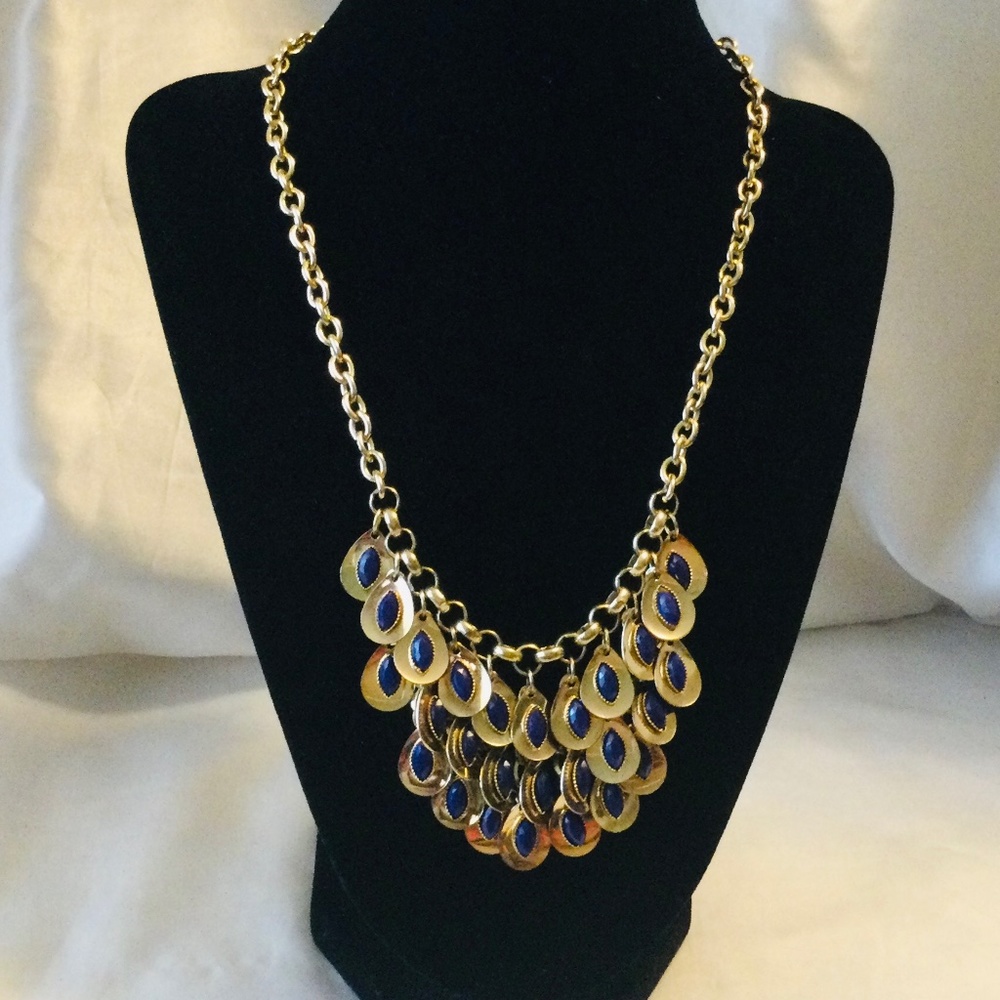 Gold Tone Necklace/Choker gold tone leaves with blue colored gems